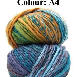 May include: Two balls of colourful yarn. The top ball features orange, green, and teal hues, while the bottom ball showcases shades of blue and purple. The text "Colour: A4" is visible at the top. Suitable for knitting and crochet projects.