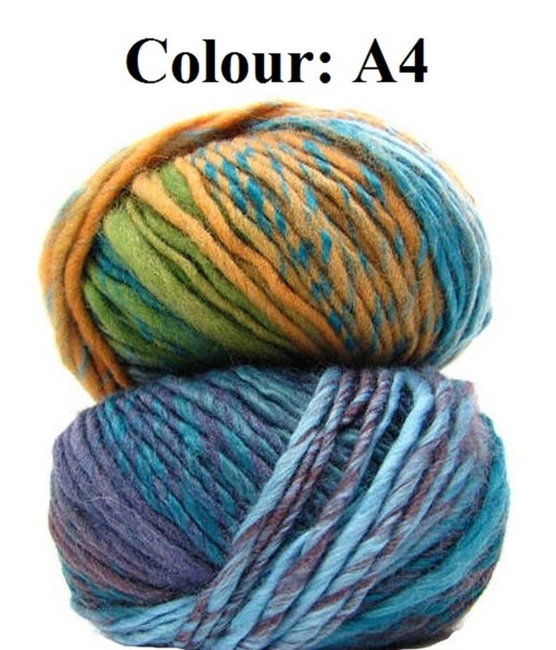 May include: Two balls of colourful yarn. The top ball features orange, green, and teal hues, while the bottom ball showcases shades of blue and purple. The text "Colour: A4" is visible at the top. Suitable for knitting and crochet projects.