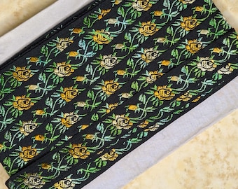 Vintage Jacquard Floral Ribbon: Yellow & Green Woven Trim, 3/4 inch