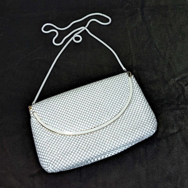 White Metal Mesh Evening Bag with Convertible Shoulder Strap, White purse, Bridal or Prom 70-1980's