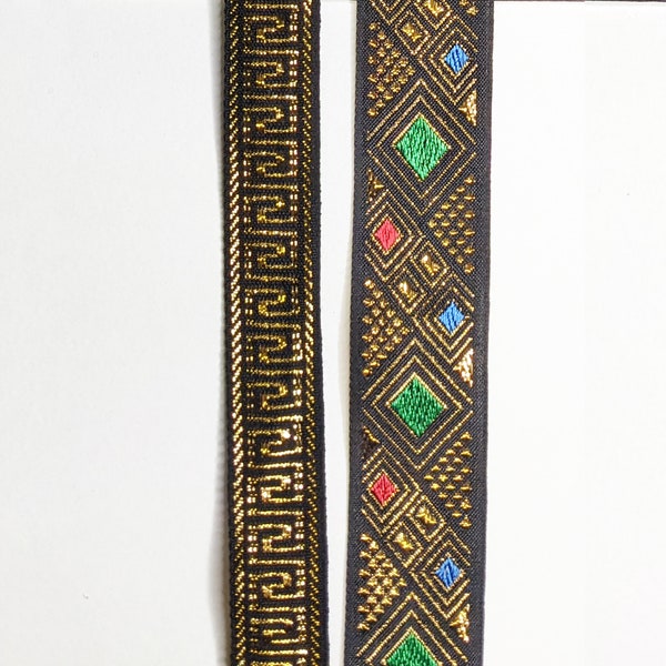 Gold Metallic Woven Trims, Black and Gold 1" Greek Key, Black Gold Red, Green and Red Squares 1.5", Jacquard Ribbons, Sold by the Yard