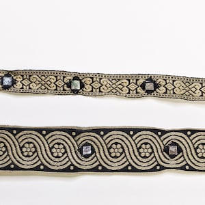 Black and Beige Geometric Patterns Vintage Jacquard Trim, Ribbon in 2 Designs, Mirrored Trim, Tribal Ribbon, Kurta, Boho Chic, Home Decor