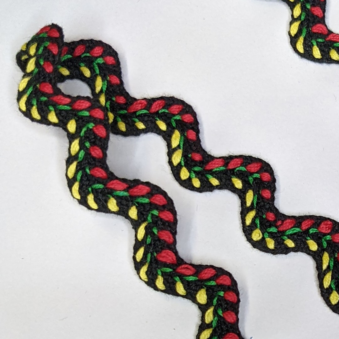 Embroidered Ric Rac Trim: Black Cotton Feather Stitch, Floral Vintage ...