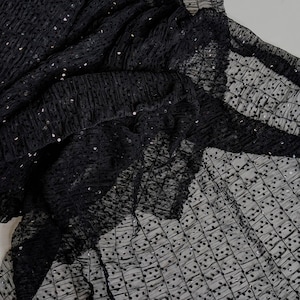Black Ruched Sequin Tulle Fabric: Vintage Couture Stretch Netting