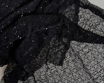 Black Ruched Sequin Tulle Fabric: Vintage Couture Stretch Netting