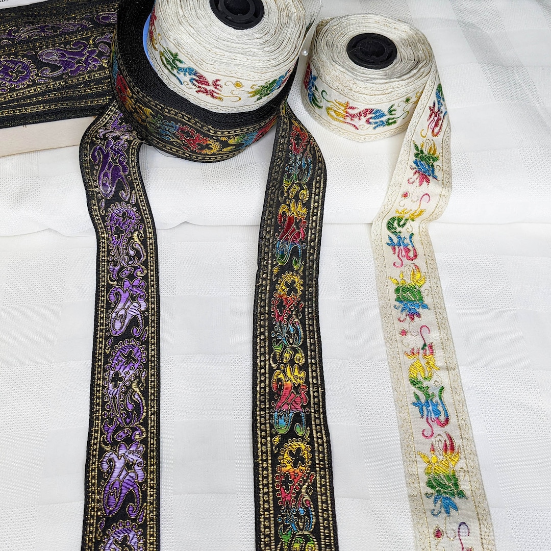Paisley Phoenix Jacquard Ribbon: Metallic Gold Woven Trim, Historical ...