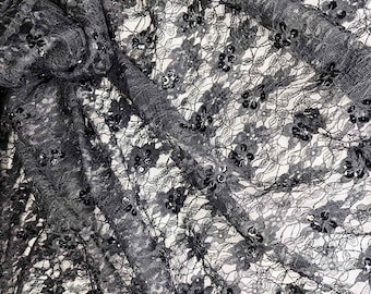 Black Sequined Chantilly Lace Fabric: Floral Victorian Bridal, 54" Wide