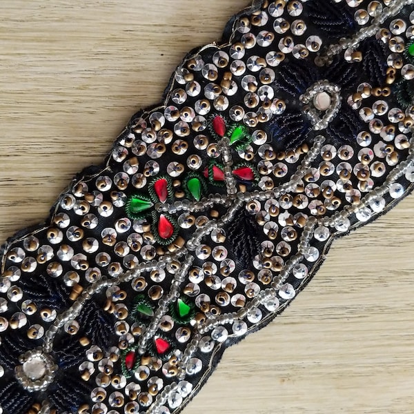 Beaded Belt Vintage , Silver, Red, Green  beads and Sequins on Black, Costume, Accessory, Boho Chic, Bohemian