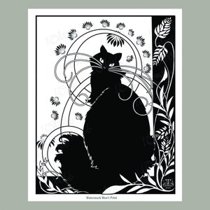 Black Cat Digital Print in Two versions, floral or Night Sky, Beardsley Inspired Art Nouveau , Modern Gothic, Deco, Wall Art