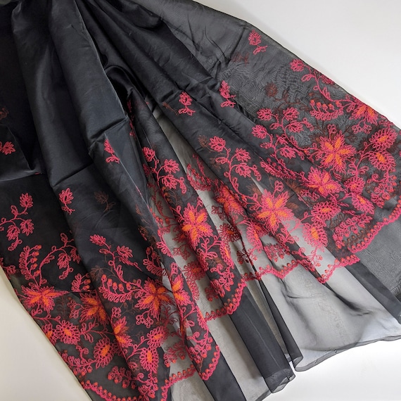 Vintage Embroidered Silk Organza Fabric: Fuschia & Orange Floral Border