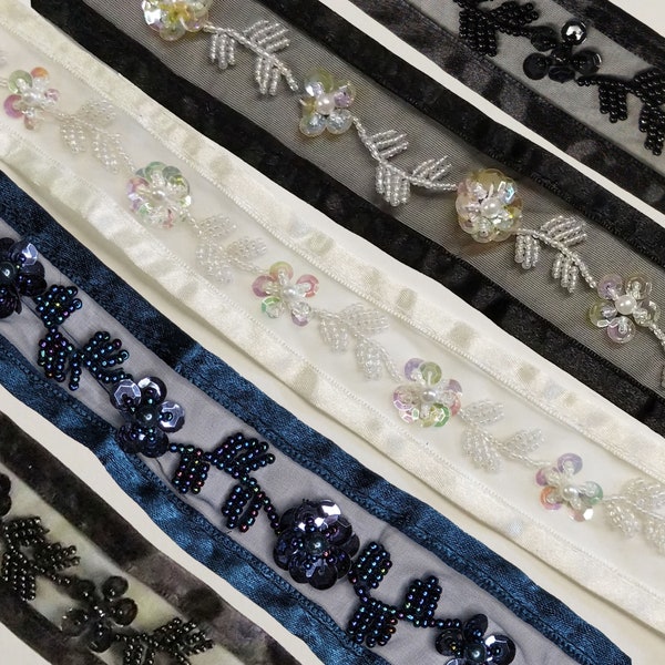 Beaded Trims Ribbon 1.5" wide in 4 colors, Black,White, Blue, Black and White on Organza with Satin Edges, Vintage Stock