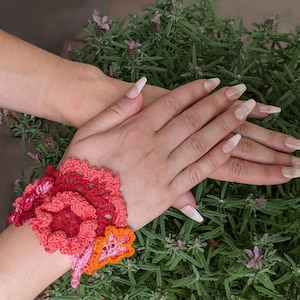 Crochet Floral Cuff: Red, Orange, & Pink Boho Wristlet