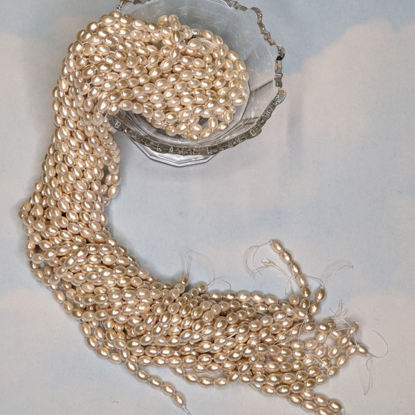 Oval/Oblong 6mm Champaign Faux Glass Oat Pearls by the strand, Wedding, Victorian Decor, By the Strand, Costume Supply