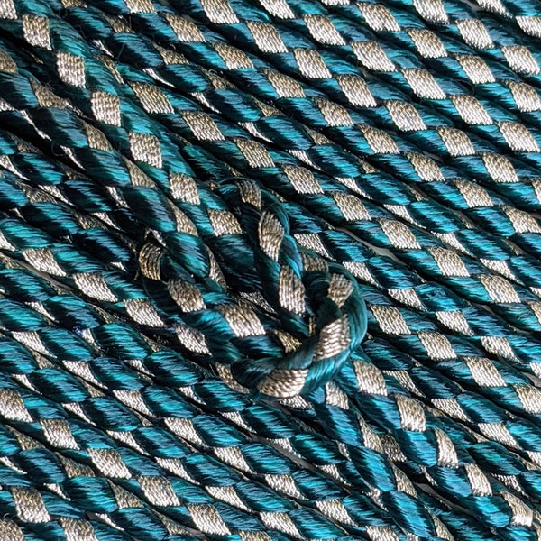 Cording in Teal and Silver Metallic , Vintage  Braided Trim,  Ribbon 5mm wide, By the Yard, Costuming, Accessories