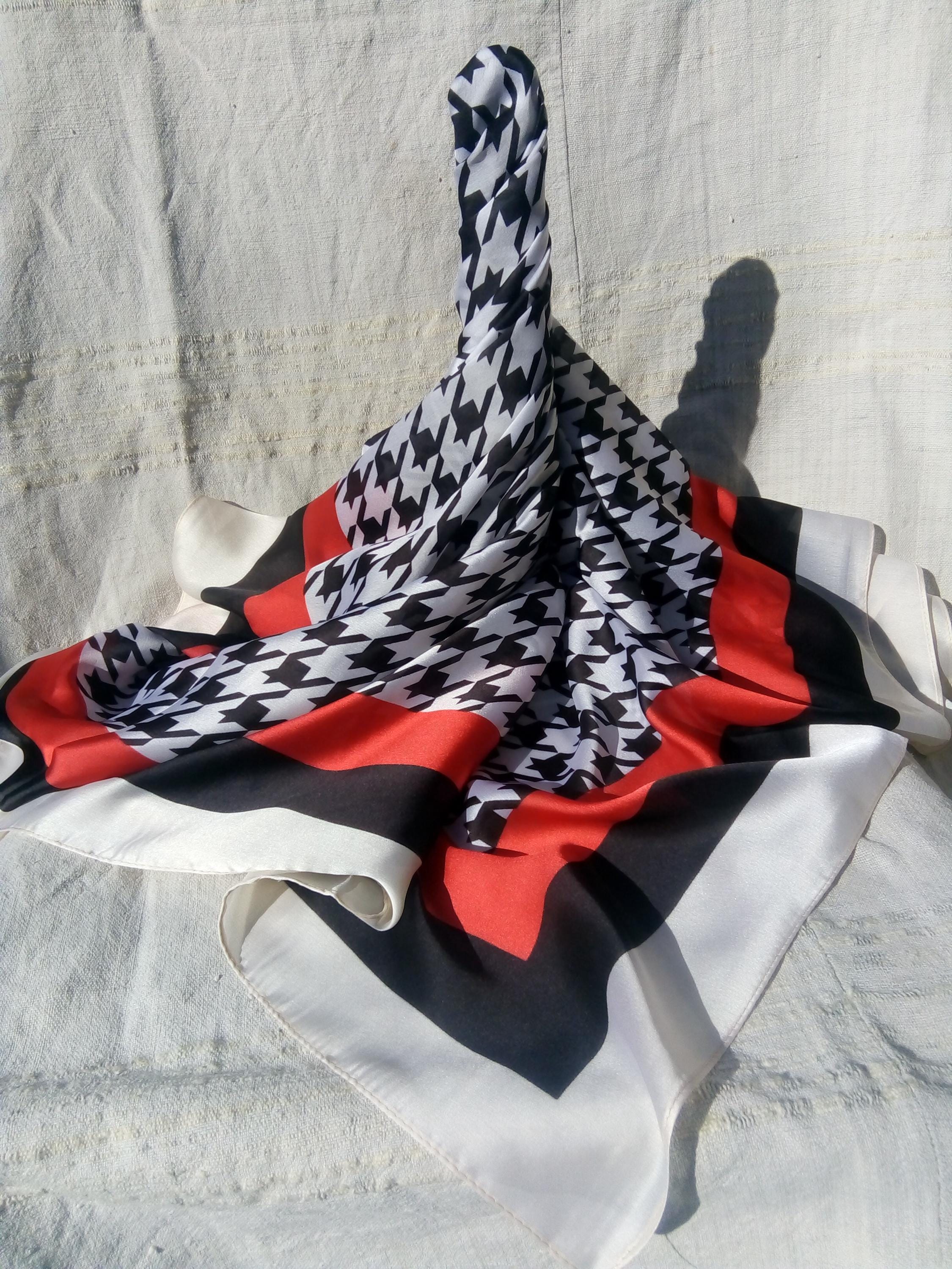 HOUNDSTOOTH PATTERN SCARF Black White Red, Houndstooth Scarf, Silk