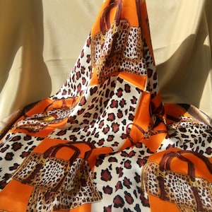 ORANGE BROWN WHITE Square Scarf Leopard Print, Neckerchief, Head Scarf 27”x27” Neck Scarf 70cm x70cm, Bandana, Silk Scarf, Polyester Scarves