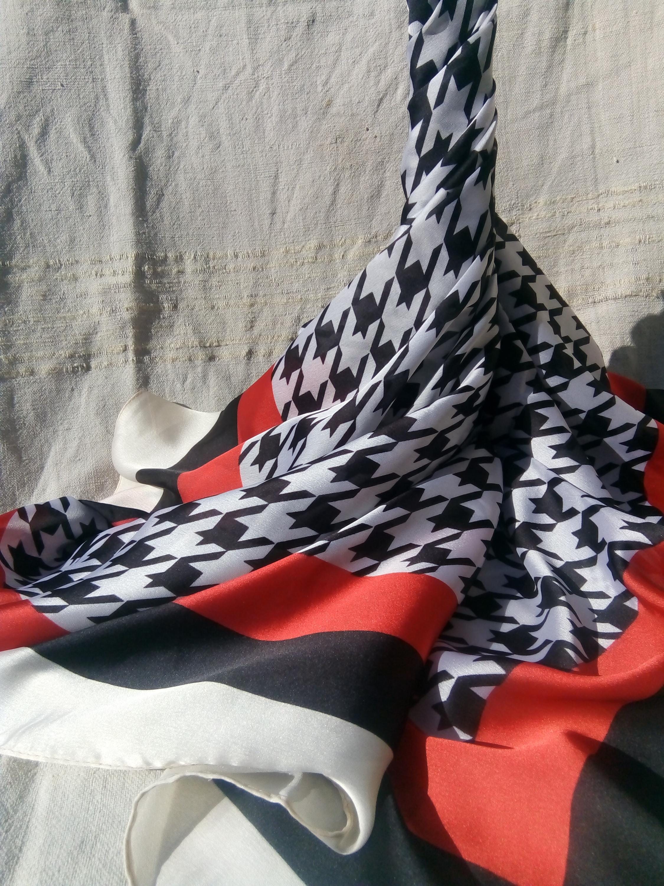 HOUNDSTOOTH PATTERN SCARF Black White Red, Houndstooth Scarf, Silk