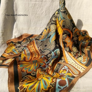 PAISLEY SCARF, Orange Gold Green Scarf, Bohemian Women’s Scarves, Boho Scarf, Paisley Head Wrap, Silk Neck Scarf,  Large Paisley Shawl, Hjab