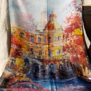SILK SCARF CHIFFON Scarf, Lightweight Silk Shawl, Silk Evening Cover Up, City Scenery, City Landscape, Neck Scarf, 100% Silk Women&#39;s Scarves
