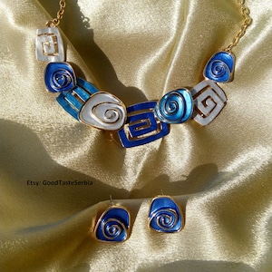 STATEMENT-KETTING, BLAUW, statement-sieradenset, blauw goud, ketting en oorbellen, geometrische ketting voor vrouwen, uniek design-sieradencadeau