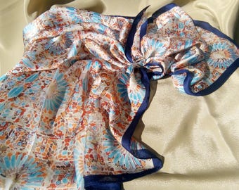 BLUE ORANGE SCARF, Square Scarf, Neck Scarf, Handkerchief, Women’s Scarves, Neckerchief, Bandana, Square Head Scarf, Silk Polyester Scarf