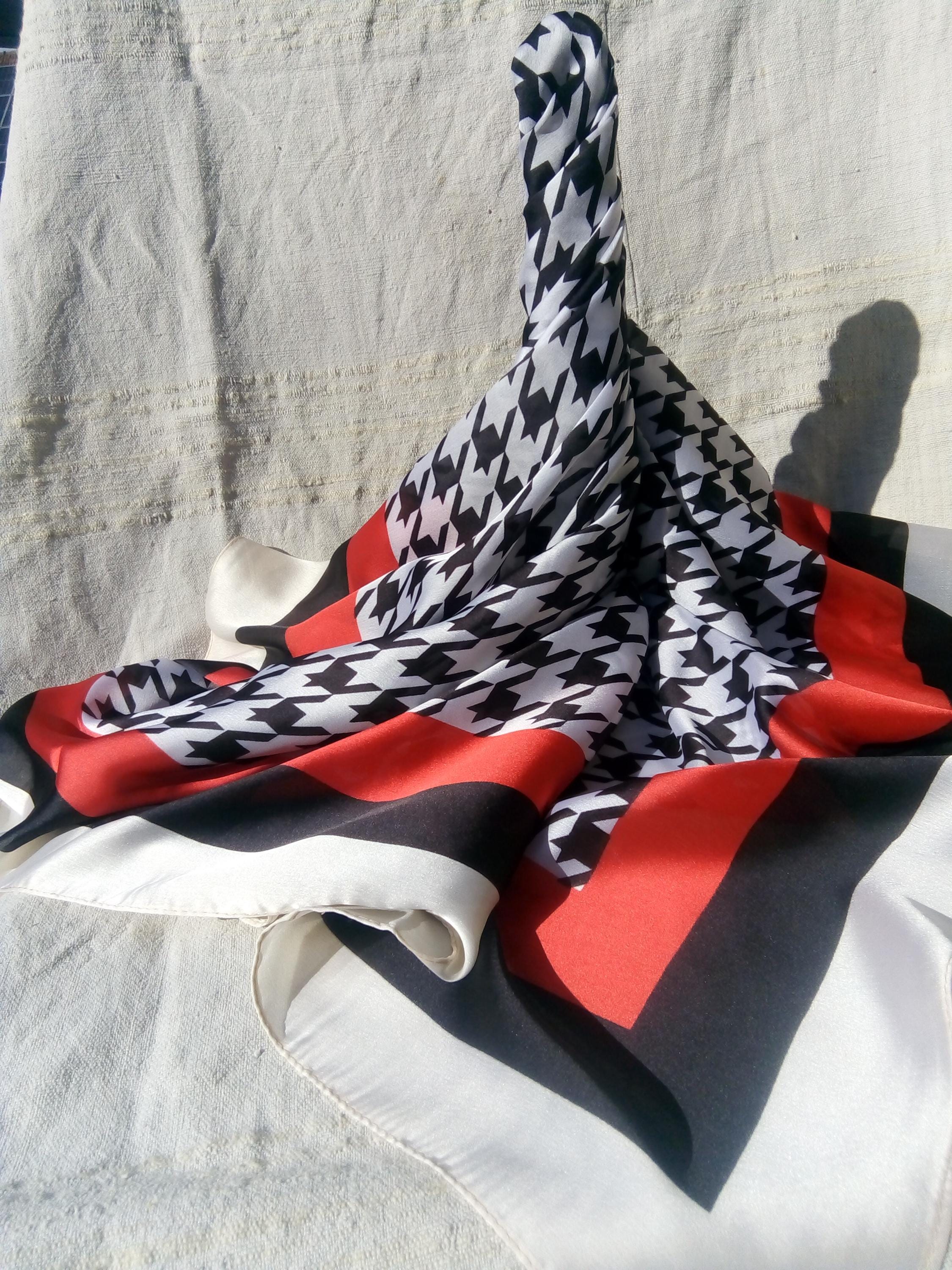HOUNDSTOOTH PATTERN SCARF Black White Red, Houndstooth Scarf, Silk