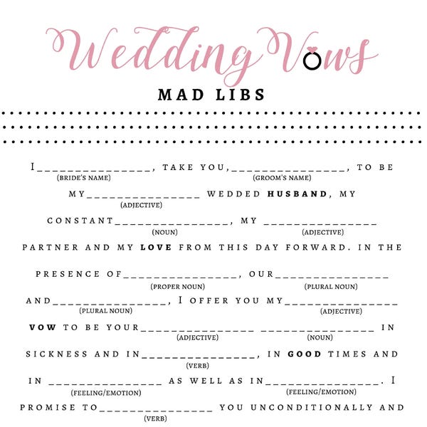 Bridal Shower Game - Wedding Vow Mad Libs - Bride + Groom