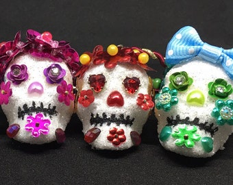 Mini Sugar Skull Day of the Dead/ Christmas hanging ornaments *Set of 4* / White