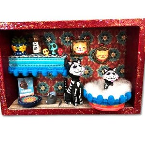 Miniature Diorama sugar skull cats shadow box Day of the Dead / Dia de Los Muertos *Red Glitter*
