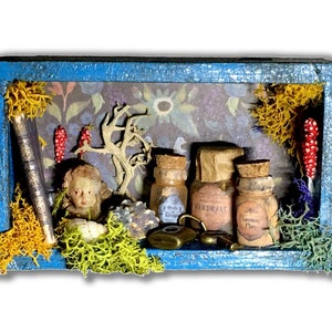 Miniature Antique Apothecary Shadow box, Shelf - Witch, Magic Spells - Blue