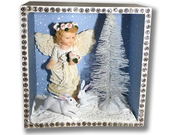 Kerstschaduwdoos/kerstdiorama/miniatuur poppenhuiskamerdoos/vakantiedecor/kerstdecoratie/winterscène - Sneeuwengel en konijntjes