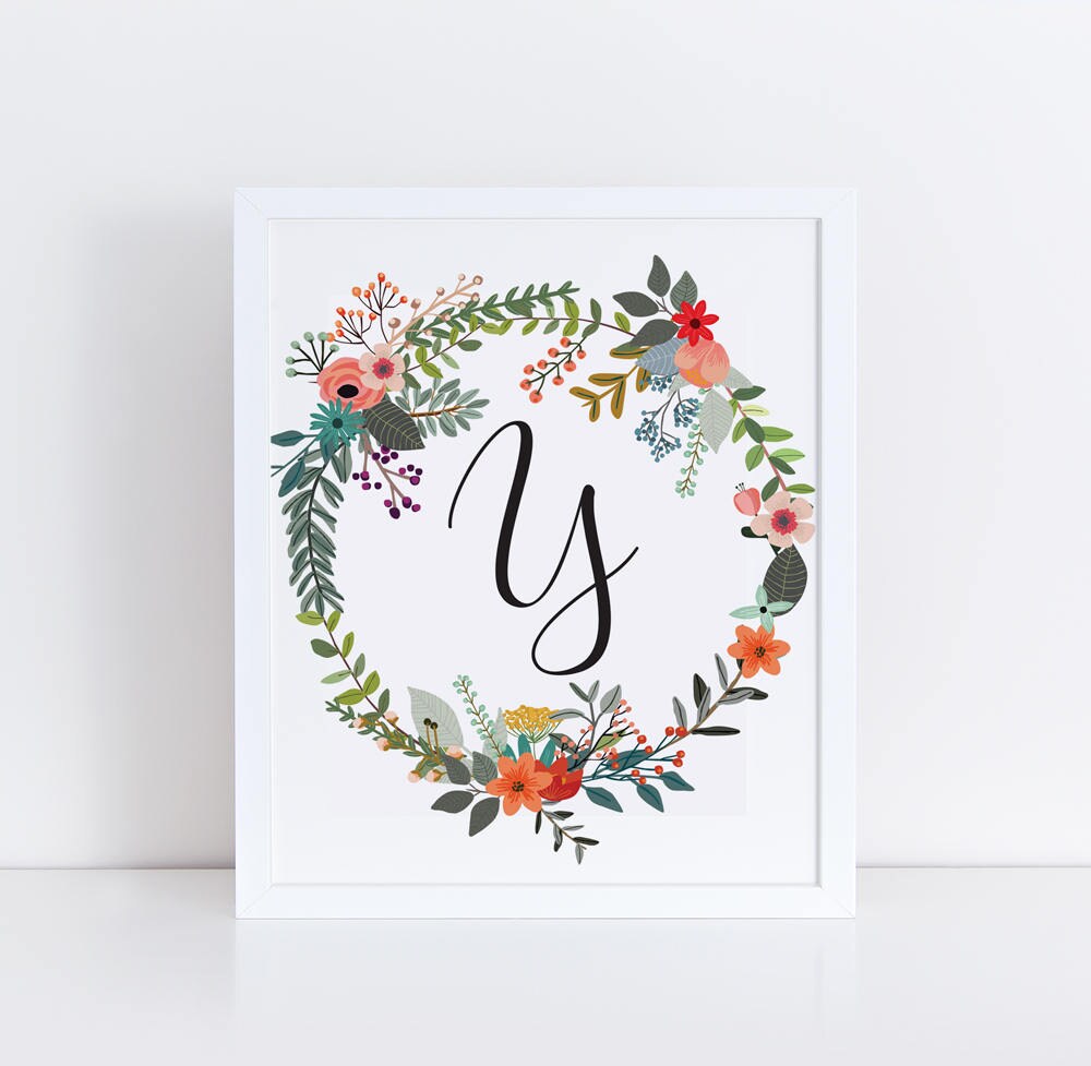letter y wall print printable monogram wreath floral etsy