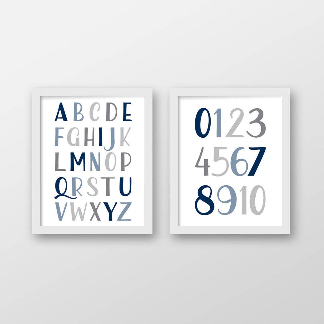 Alphabet Nursery Printable Set of 2 / Navy and Gray Wall Print / 123 ...