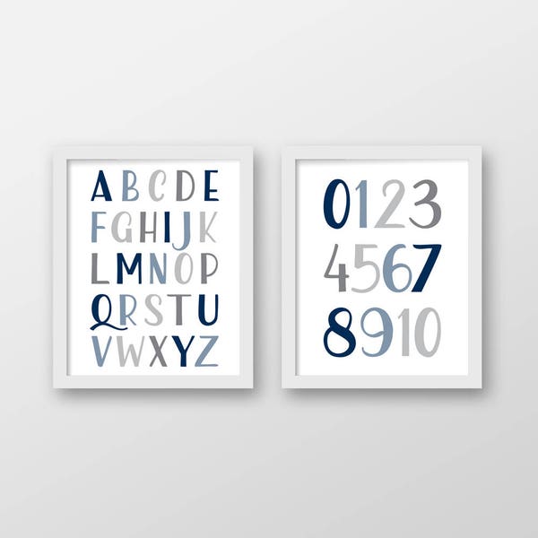 Alphabet Nursery Printable Set of 2 / Navy and Gray Wall Print / 123 Letters Numbers Wall Print / Printable ABC 123 Art / Baby Girl Boy Room
