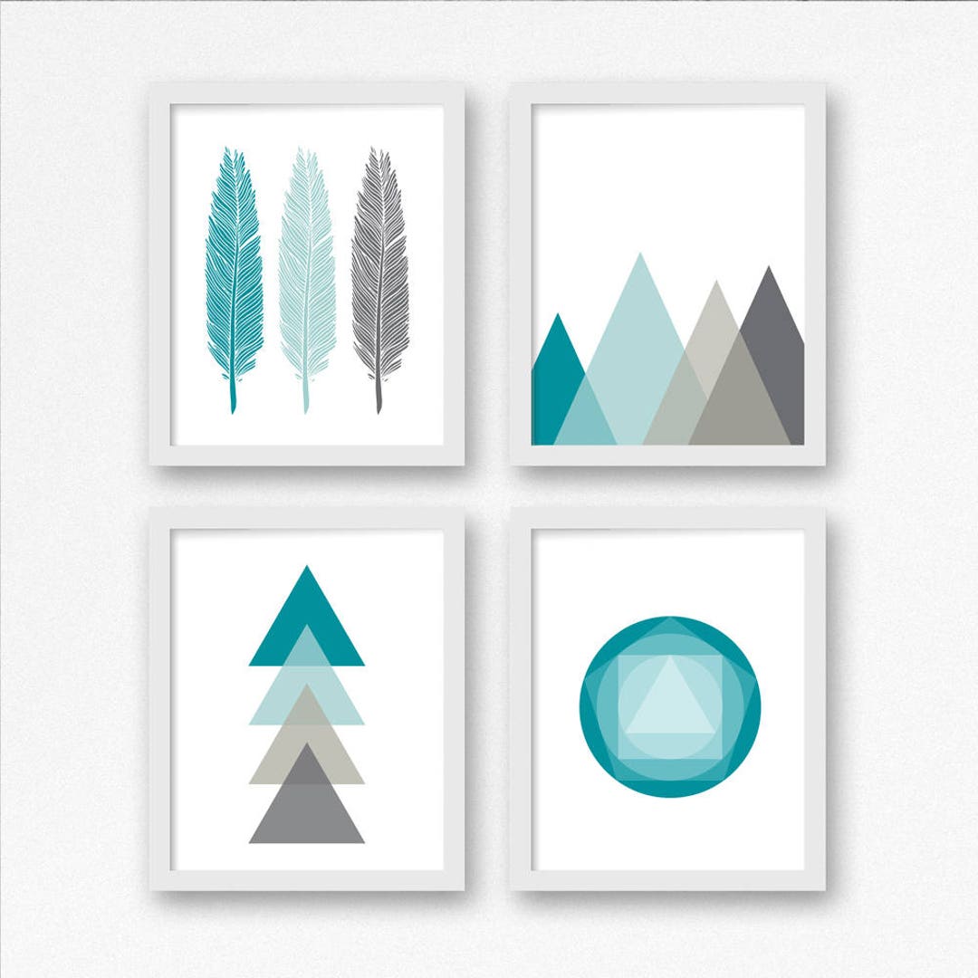 Mountain Geometric Printable Wall Art Set of 4 / Turquoise and Gray ...
