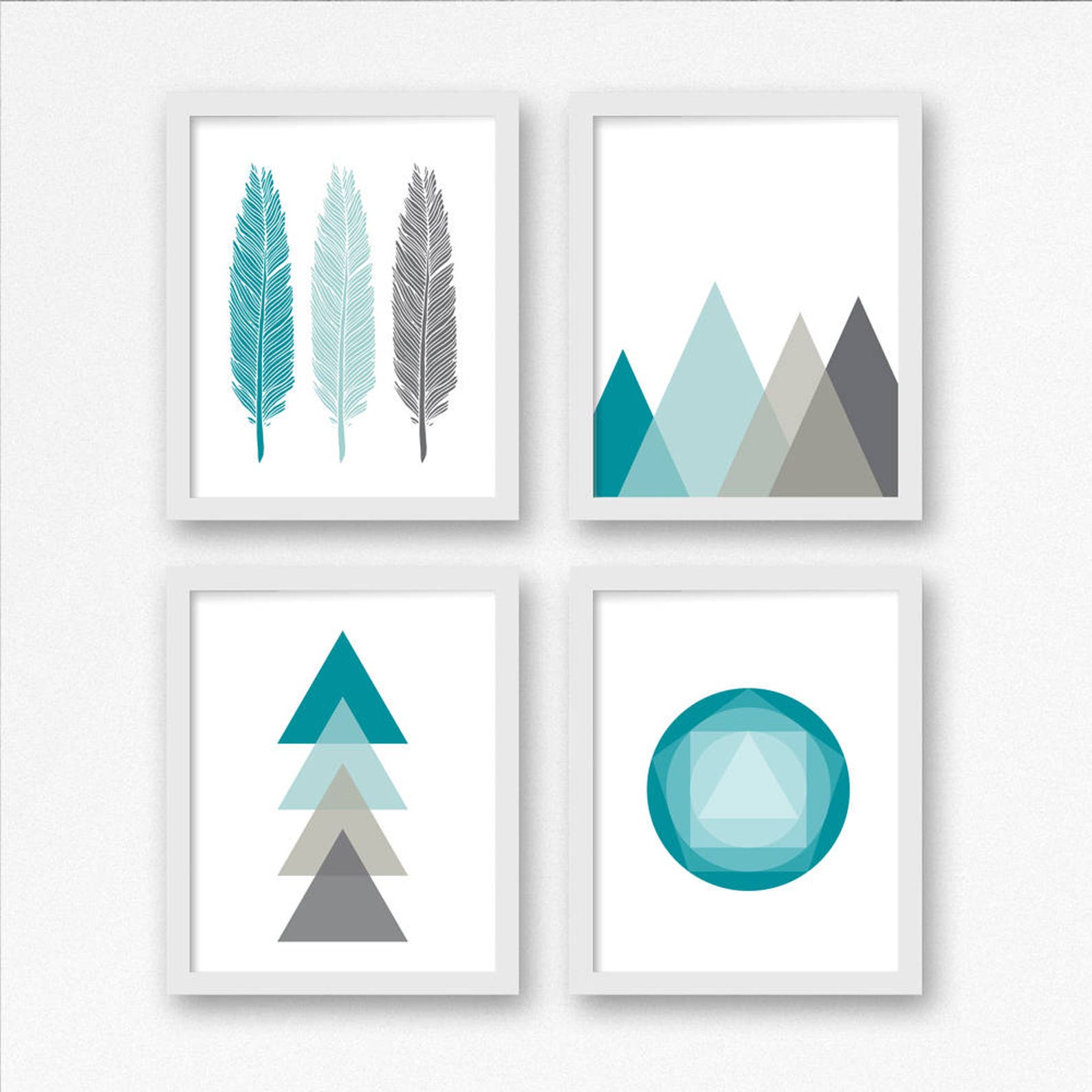 Mountain Geometric Printable Wall Art Set of 4 / Turquoise and Gray ...