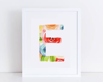 Letter E Nursery Printable / Monogram Print / Printable Nursery Art / Floral Alphabet Printable Art / Flower Nursery Wall Print