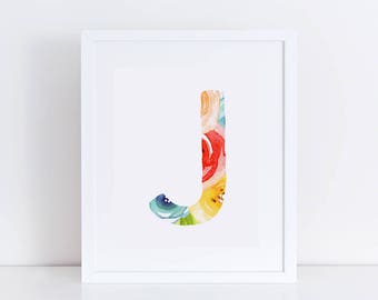 Letter J Wall Art / Monogram Print / Printable Nursery Art / Floral Printable / Floral Alphabet Printable Art / Flower Nursery Wall Print