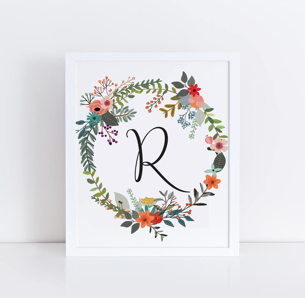 Letter R Printable Monogram Gift Wreath Peony print Digital Download Gift Printable Monogram R