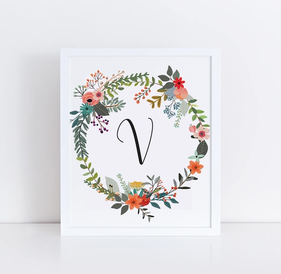 Initial Wall Art Flower Letter V Gold Nursery Print Sign Poster Printable Instant Download Monogram Floral Wreath D\u00e9cor botanical Alphabet