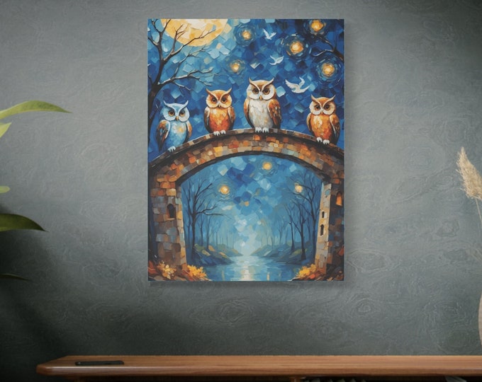 Four Owls on a Bridge Matte Canvas, Stretched, 1.25", Nature Wall Art, Wildlife Decor,Van Gogh Style Owl Art Print