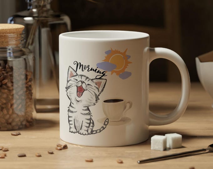 Sunny Morning Kitty with Coffee Jumbo Mug, 20oz - Cute Cat Lover Gift Cup, Big Ceramic Tea Mug, Oversized Hot Chocolate Drinkware, Adorable