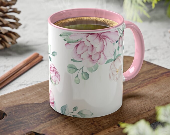 Colorful Pink Peony Flower Mugs, Variety of Inner Rim color 11oz