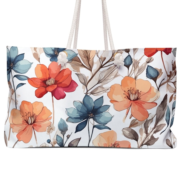 Boho Style Wildflower Weekender Bag, Floral Print, Minimalistic Travel Tote, Overnight Bag