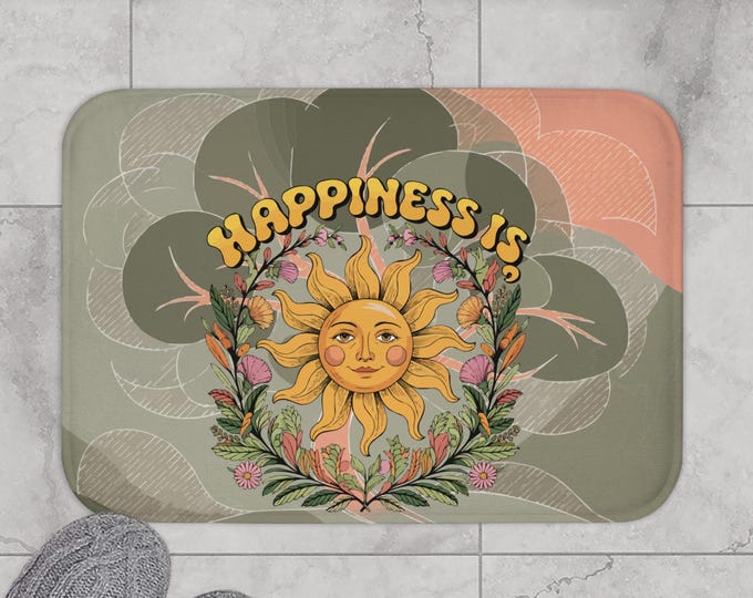 Boho Sun Bath Mat - Happiness Is, Home Decor, Bathroom Essentials, Gift for Her, Bohemian Style