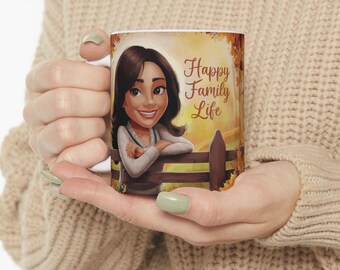 Happy Family Life Ceramic Mug | Fall Décor Gift | Cozy Family Vibes | Autumn Coffee Mug | Unique Homeware, Family Gift, Holiday Celebration
