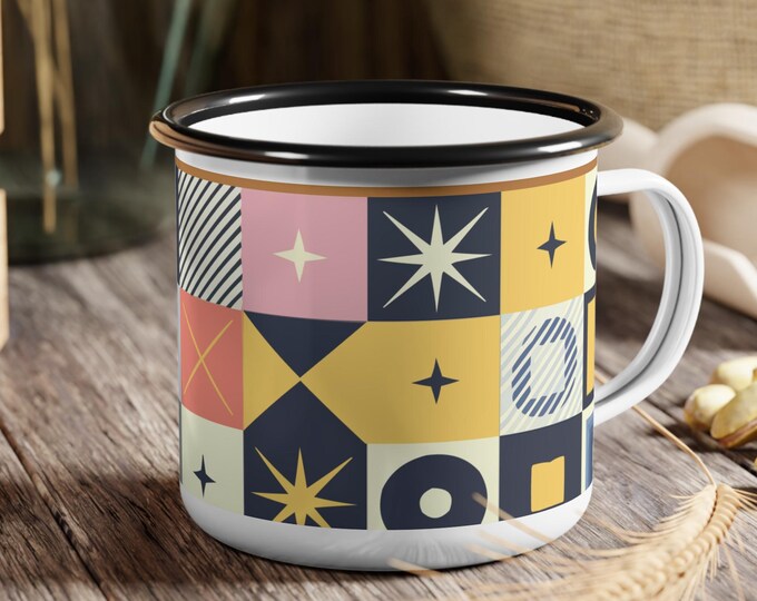 Geometric Enamel Cup, Camping Mug, Outdoor Adventure Drinkware, Mountain Camp Cup, Retro Enamelware