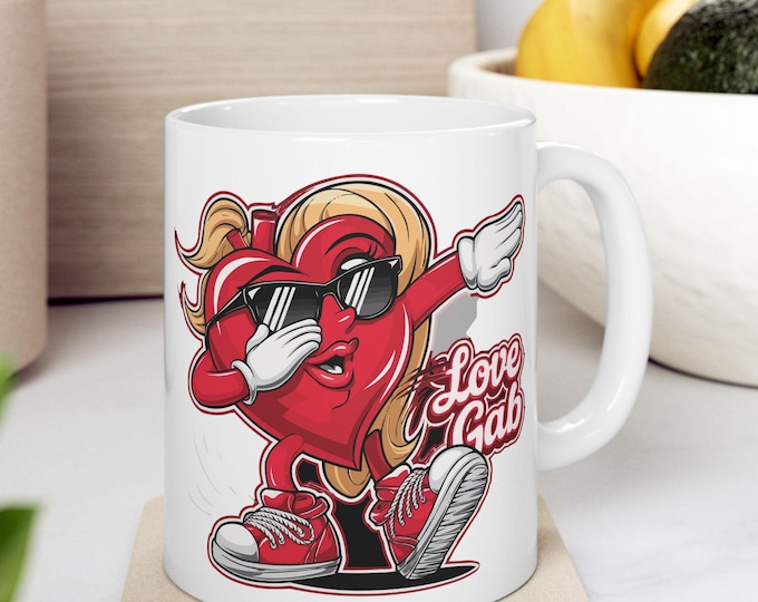 Playful Love Gab Ceramic Mug, Fun Gift for Friends, Cute Coffee Cup, Retro Style Drinkware, Ideal for Birthdays, Valentine's Day