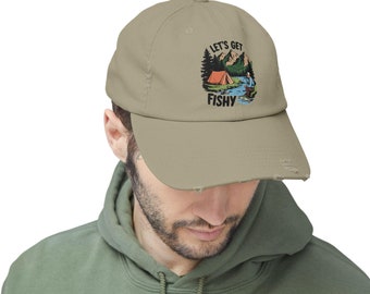 Lets Get Fishy Distressed Cap: Vintage Camping & Fishing Hat