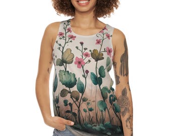 Bohemian Style Unisex Tank Top, Perfect for Summer, Beachwear, Casual Wear, Gift for Nature Lovers, Trendy Floral Design
